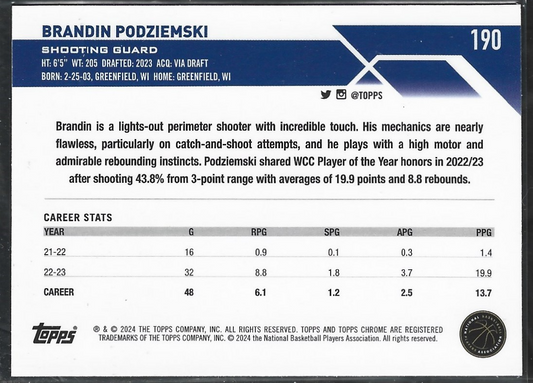 Brandin Podziemski Topps Chrome
