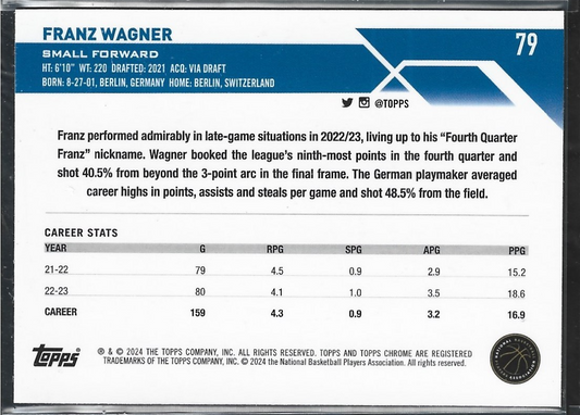 Franz Wagner Topps Chrome Teal /199