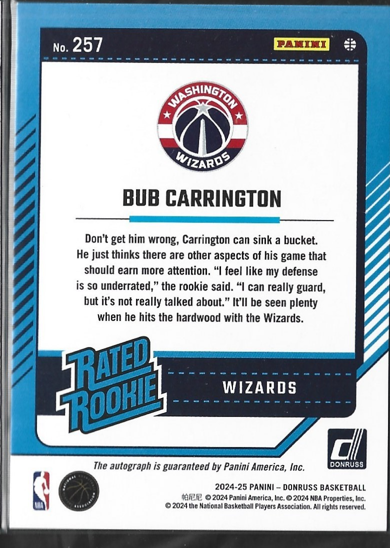 Bub Carrington Donruss Rated Rookie Auto Diamond /75