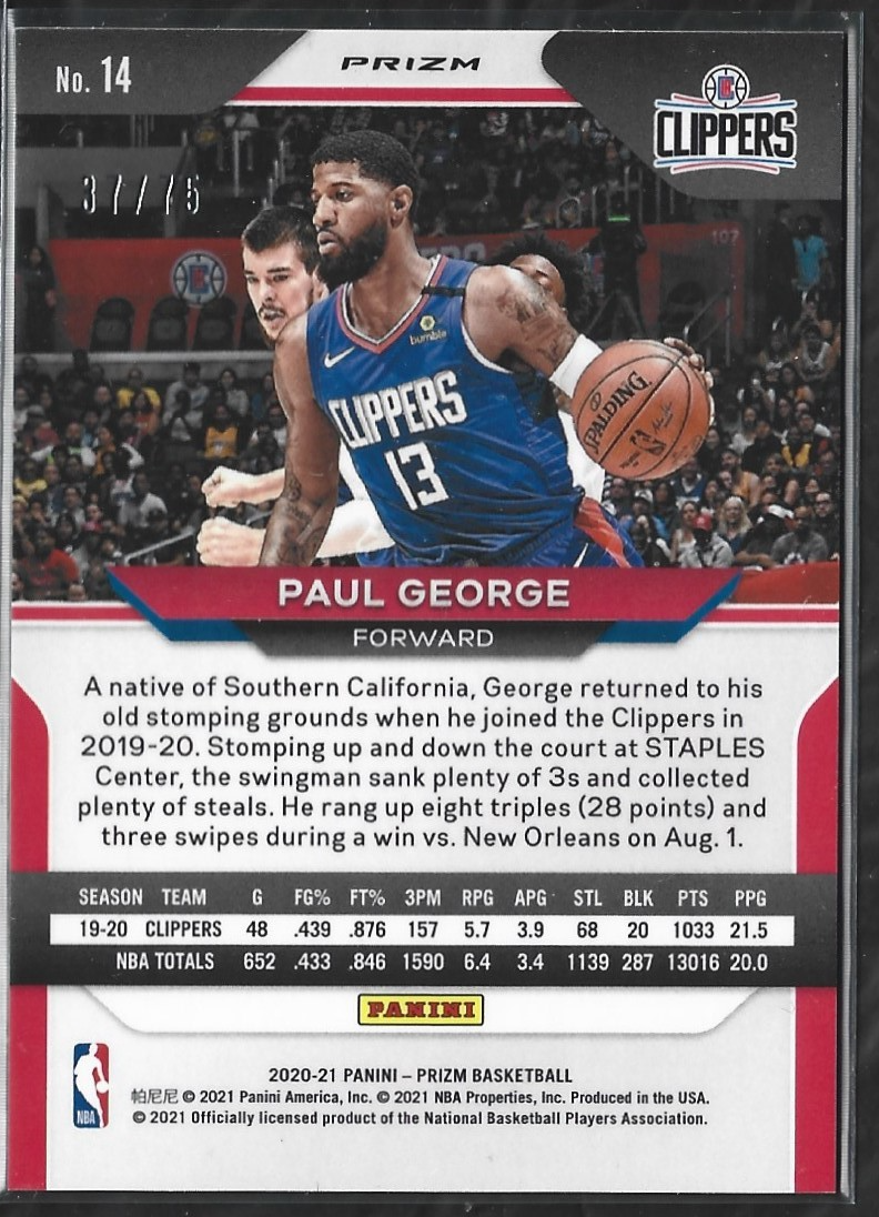 Paul George Prizm Purple Fastbreak Disco /75