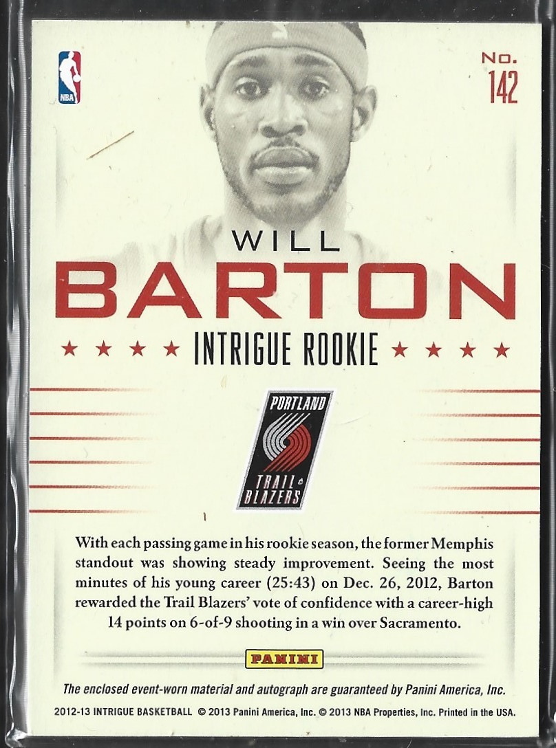 Will Barton Intrigue RC Game Used Auto