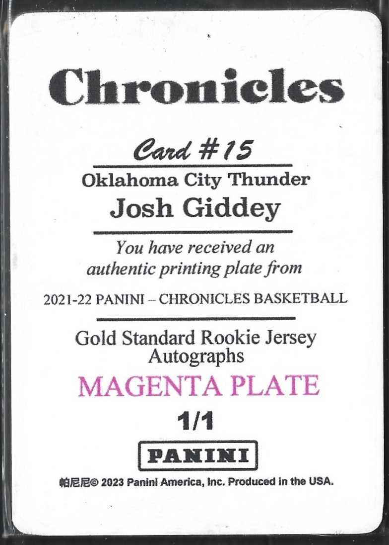 Josh Giddey Gold Standard RJA Magenta Plate /11